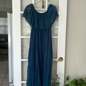 Flowy Dot Embroidered Ruffle Tier On / Off Shoulder Maxi Dress